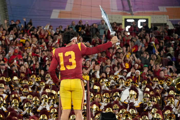 Southern California quarterback Caleb Williams leads the USC Marching Band after USC defeat UCLA 48-45 in an NCAA college football game Saturday, Nov. 19, 2022, in Pasadena, Calif.